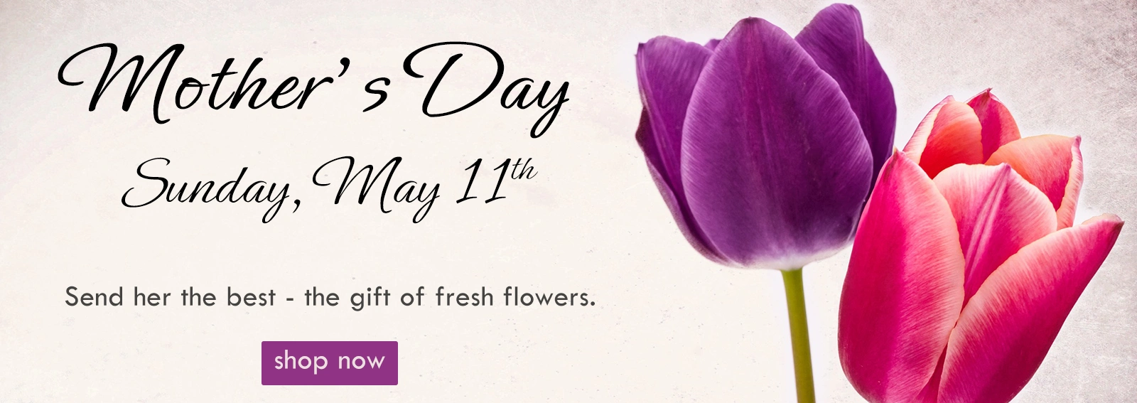 Mother's Day is Sunday, May 11th. Send her the best gift- the gift of fresh flowers!